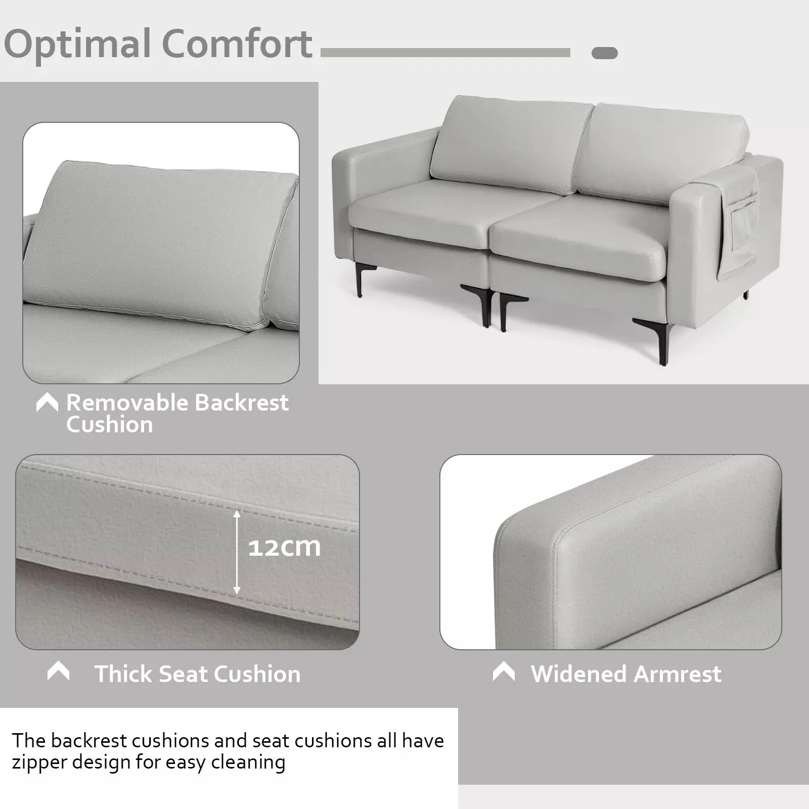 Costway Modern Sofa Couch Loveseat 2-3-Seater Sofa Seat Upholstered Padded Cushions in Grey 6