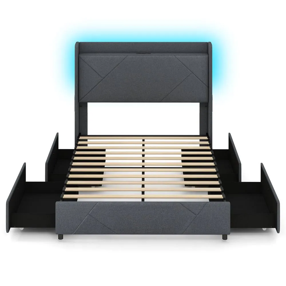Costway Double Size Bed Frame with Lights & Charging Grey