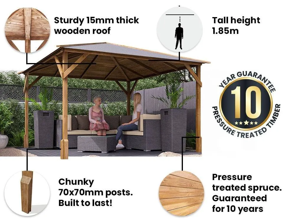Dunster House Wooden Gazebo Kit 3x3m with Louvre Wall & Black Roof Shingles, Utopia in Brown 3