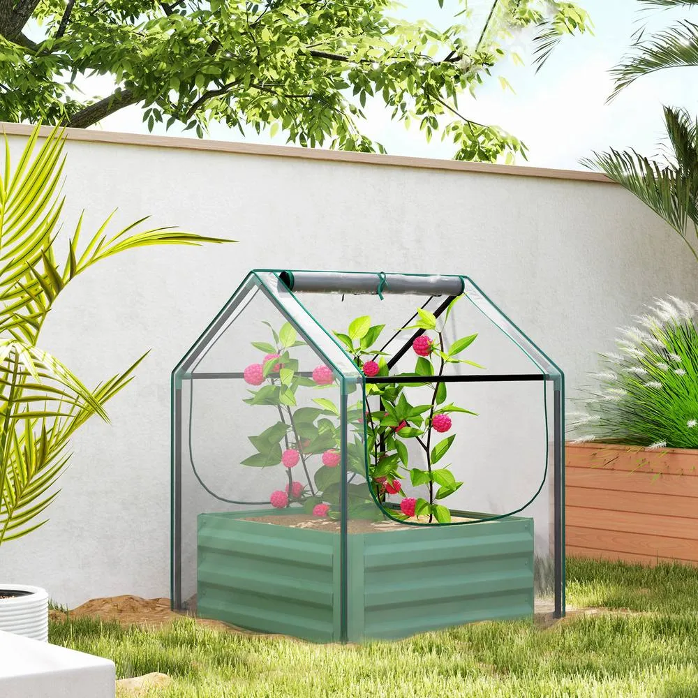 OUTSUNNY Raised Garden Bed with Greenhouse, Planter Box with Cover, Clear & Green