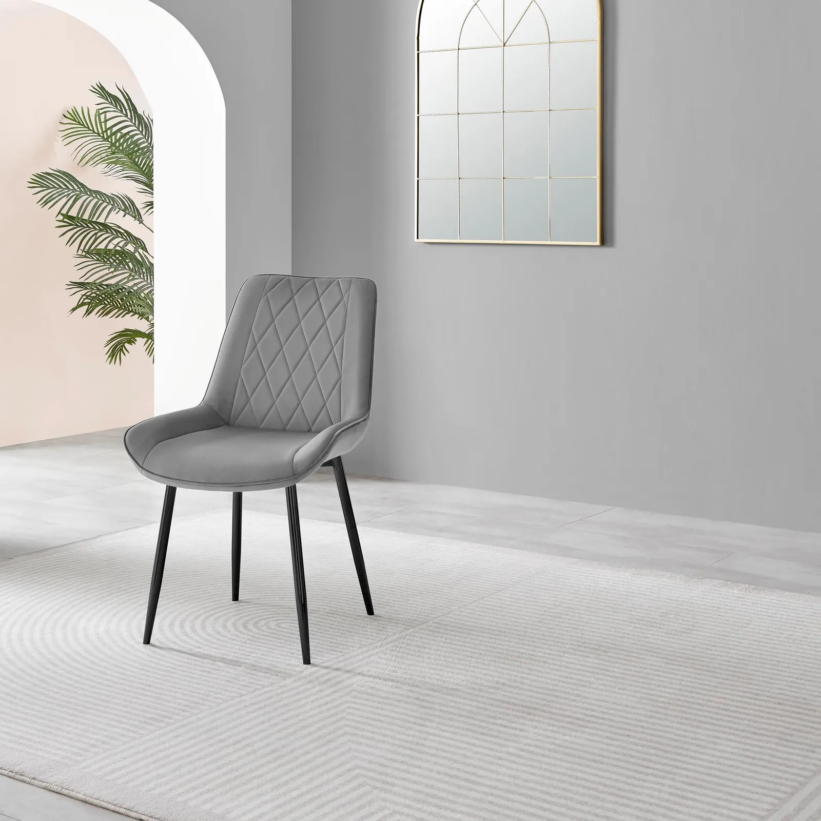 FurnitureboxUK Set of 2 Pesaro Luxury Velvet Dining Chairs With Diamond Stitched Back & Black Metal Legs in Grey 5