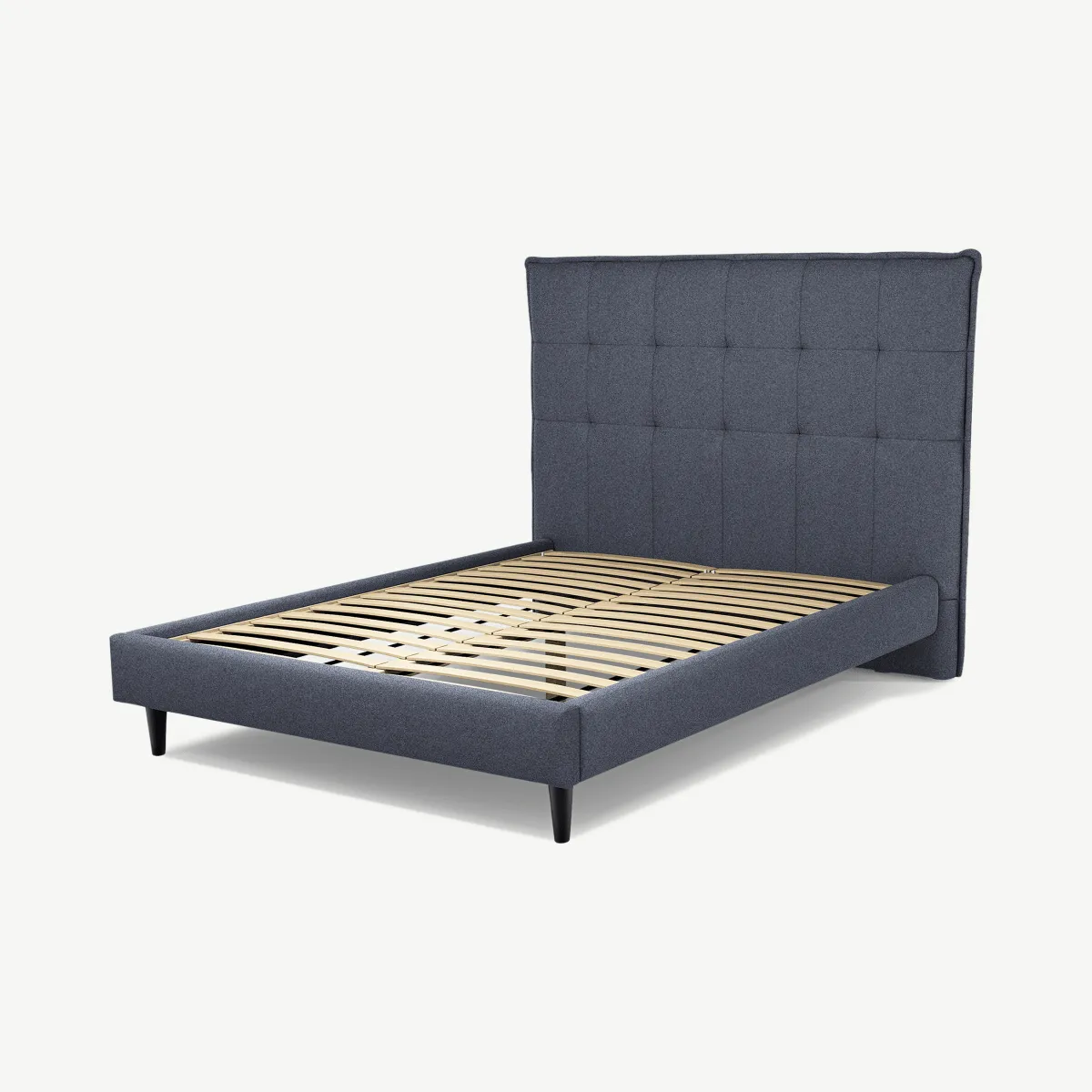 Lamas Double Bed, Navy Wool with Black Stain Oak Legs