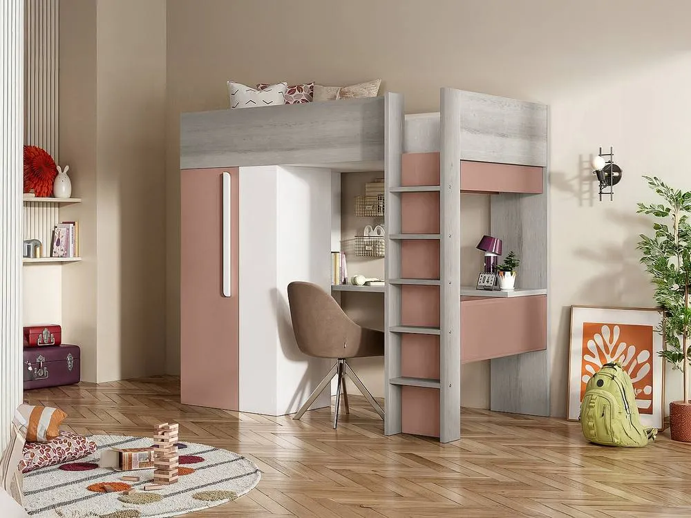 Vente-unique High Sleeper Bed 90 X 200 Cm With Wardrobe & Desk - Pink & White 3