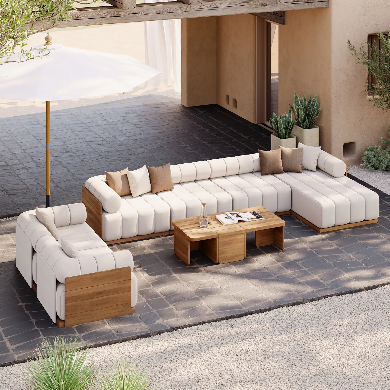 Resaro 9-Piece Outdoor Modular Natural Teak Sectional Fluted Sofa Set