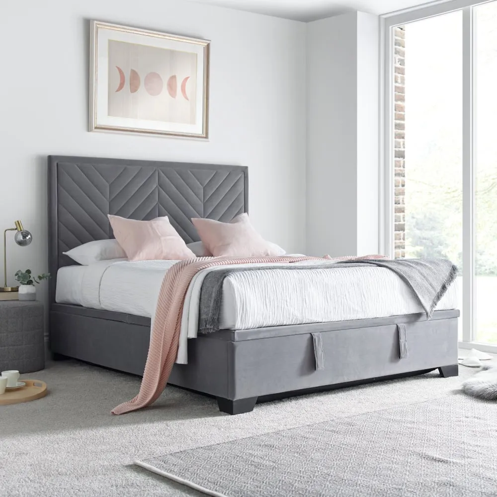 Watson - Double - Ottoman Storage Bed - Grey - Velvet - 4ft6 - Happy Beds