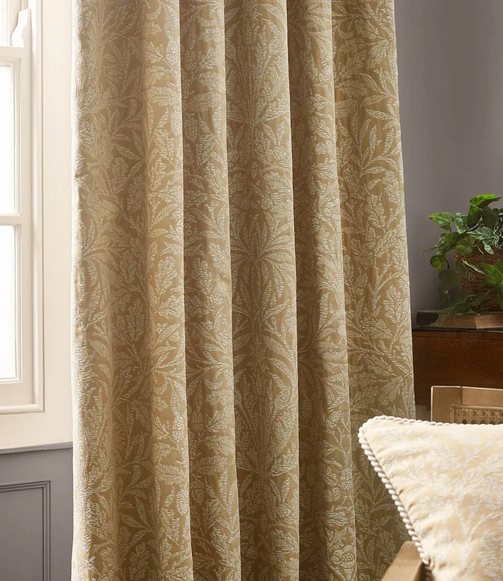 Morris & Co Acorn Tonal Fully Lined Matt Jacquard Pencil Pleat Curtains in Gold 5