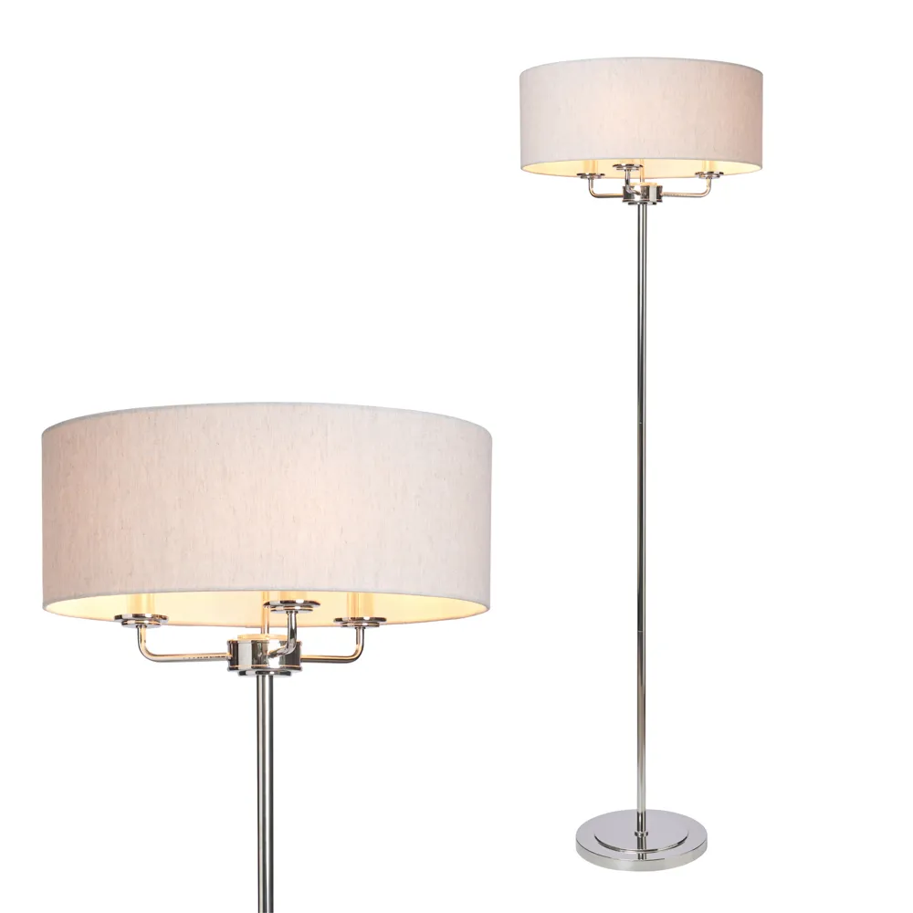 Henry 3 Light Floor Lamp with Grey Shade, Nickel