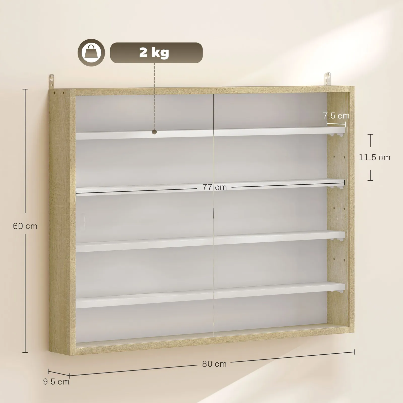 HOMCOM 5-Tier Wall Display Shelf Unit Cabinet w/ Shelves Glass Doors in Light Brown 3
