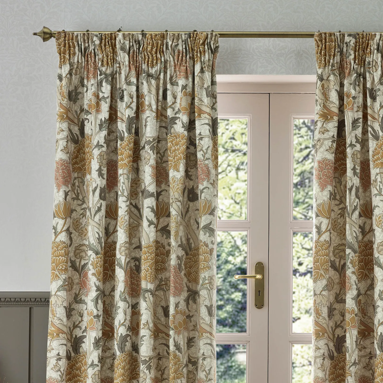 Morris & Co Cray Floral Velvet Room Darkening Pencil Pleat Curtains in Stone 3