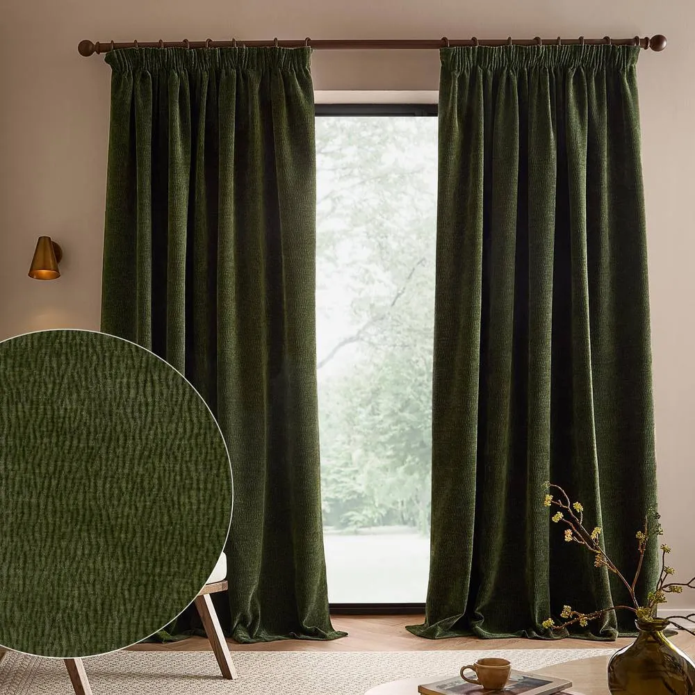 Yard Heath Washed Velvet Fully Lined Pencil Pleat Curtain Pair in Olive 1