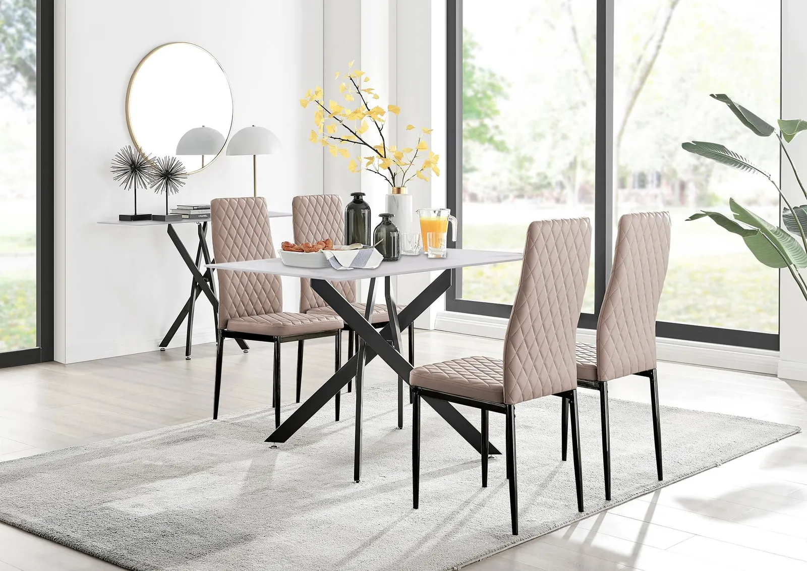FurnitureboxUK Leonardo White Glass Marble Effect Black Leg Table & 4 Milan Black Leg Chairs in Beige 1