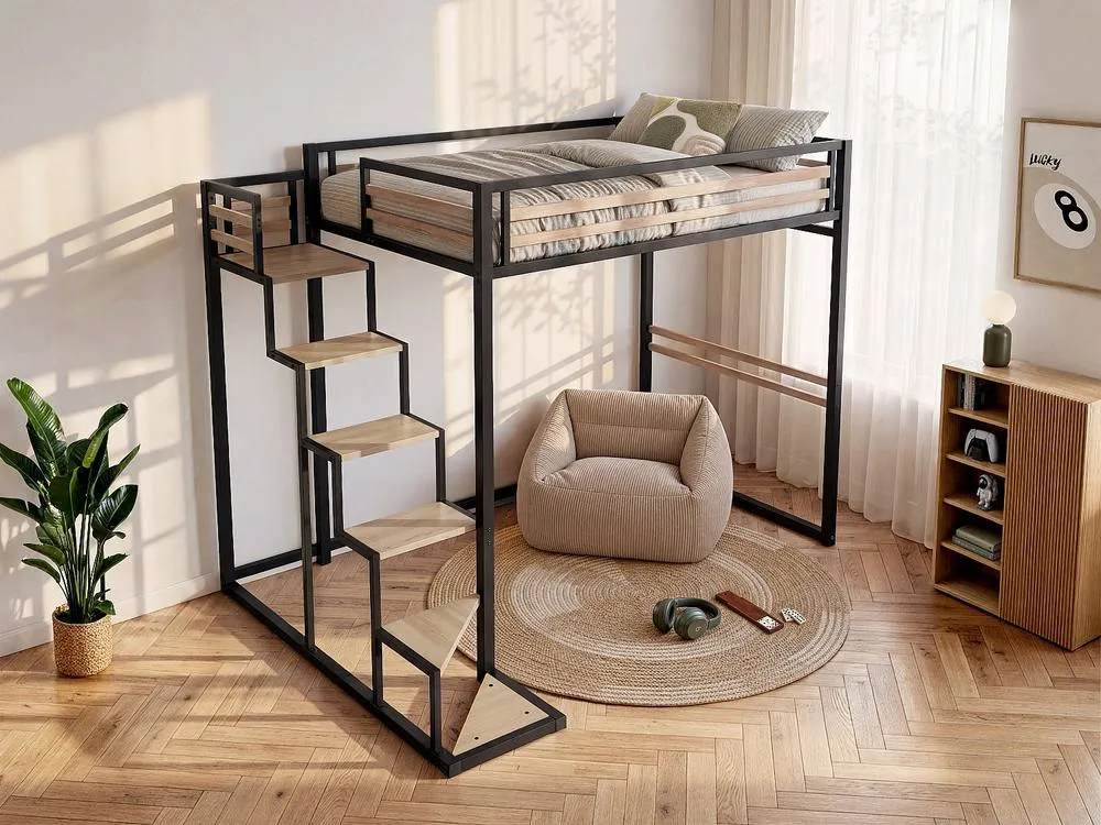 Vente-unique High Sleeper Bed 140 X 200 Cm - Metal & MDF - Black & Natural 3
