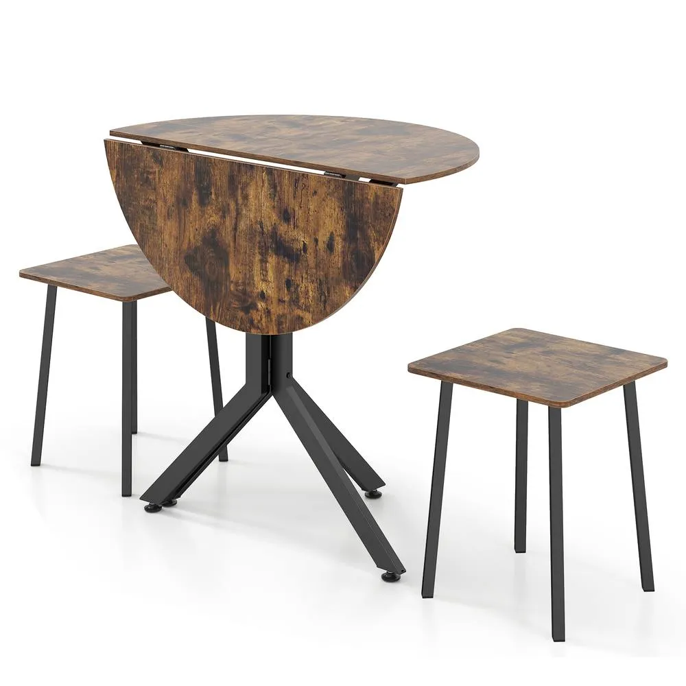 Costway 3-Pieces Drop Leaf Dining Table Industrial Dining Furniture in Brown 4