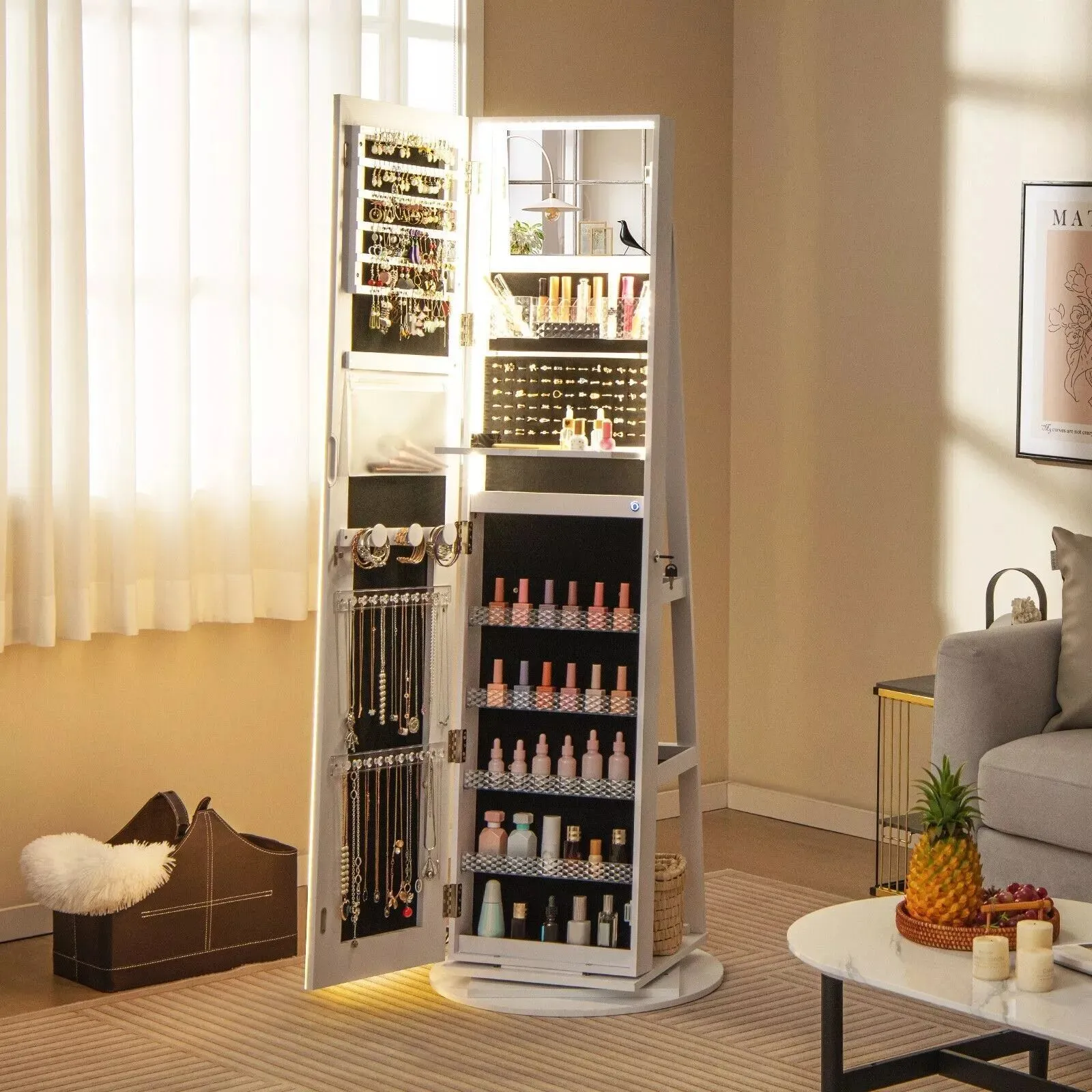 Costway 360 Swivel Jewelry Cabinet Lockable Jewelry Makeup Armoire w/ LED Lights in White 3