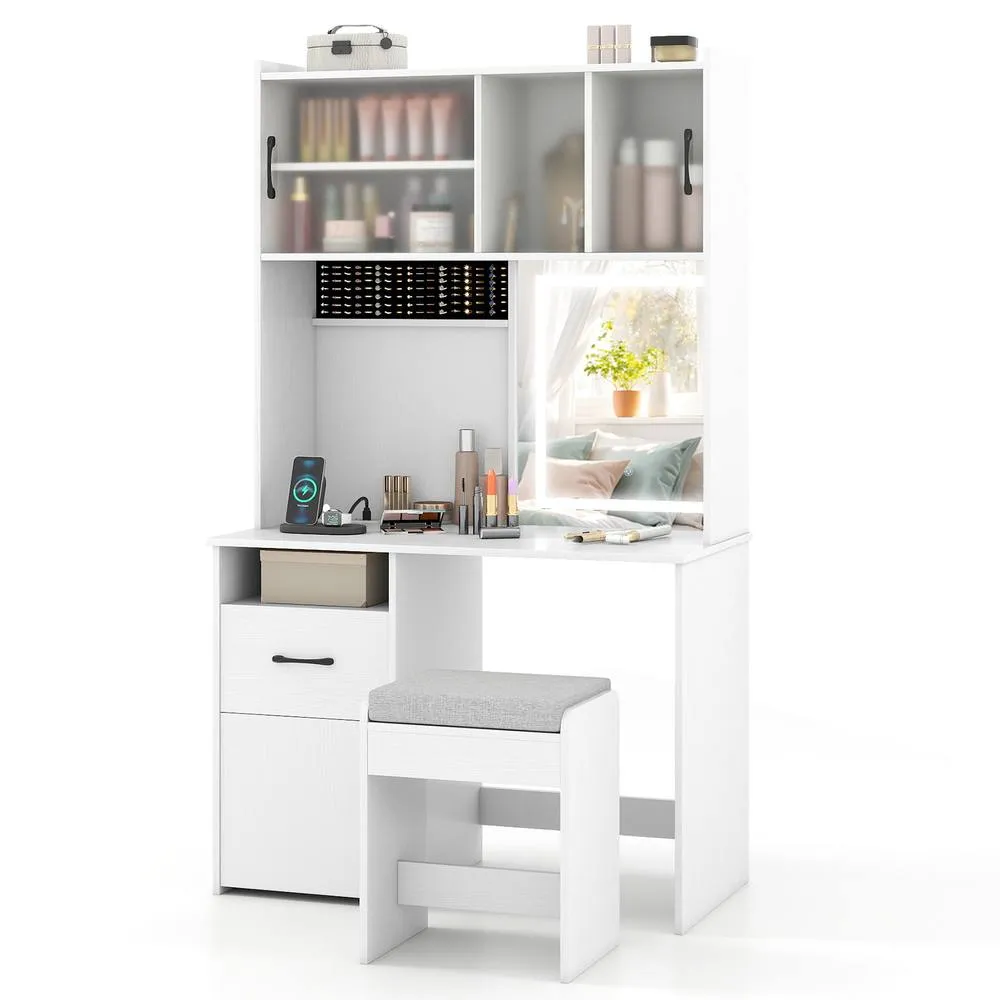 Costway Vanity Desk w/ Mirror & Lights Makeup Dressing Table w/ Power Outlets in White