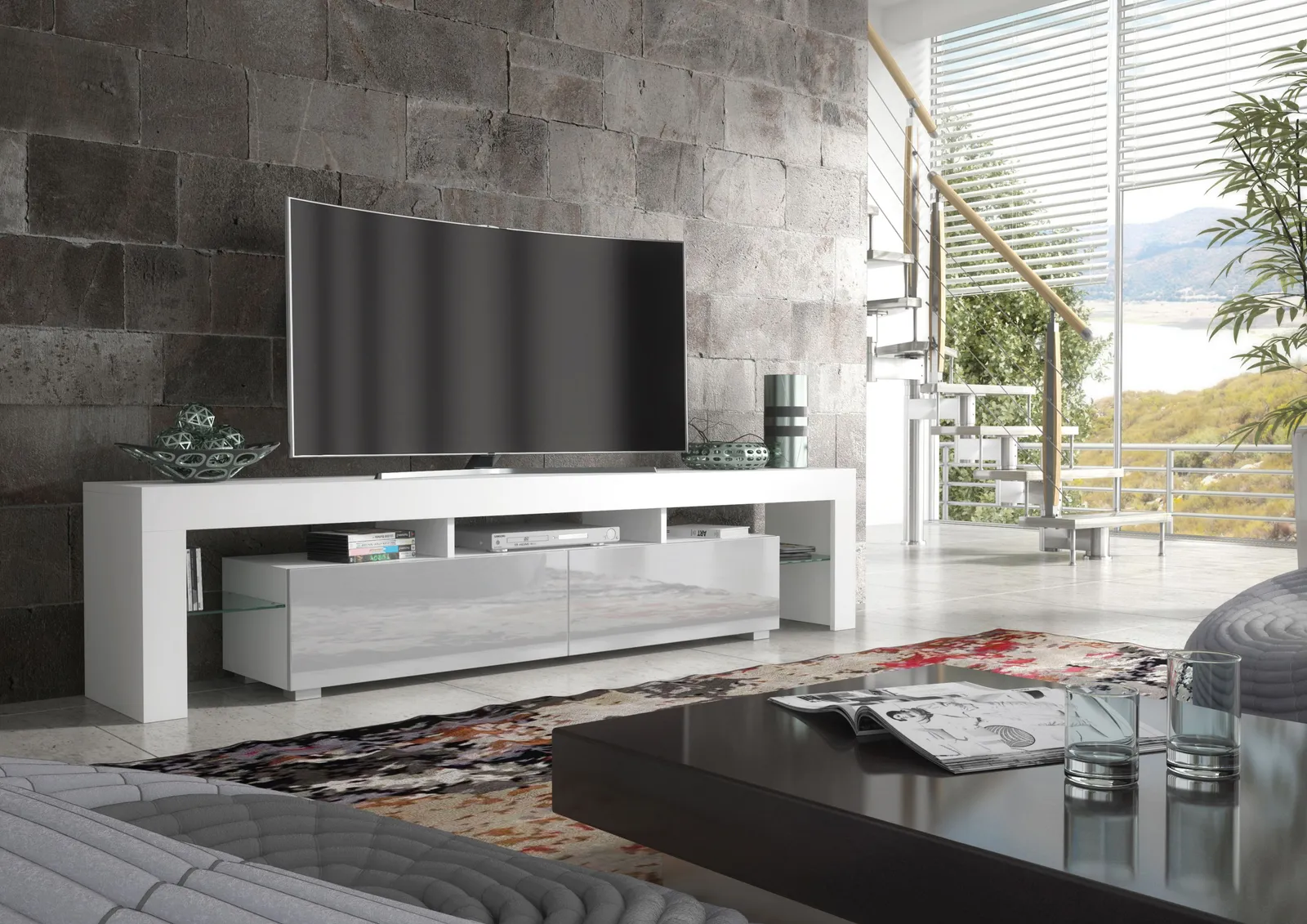 Creative Furniture TV Unit 200cm Modern - White with High Gloss Grey Doors 2