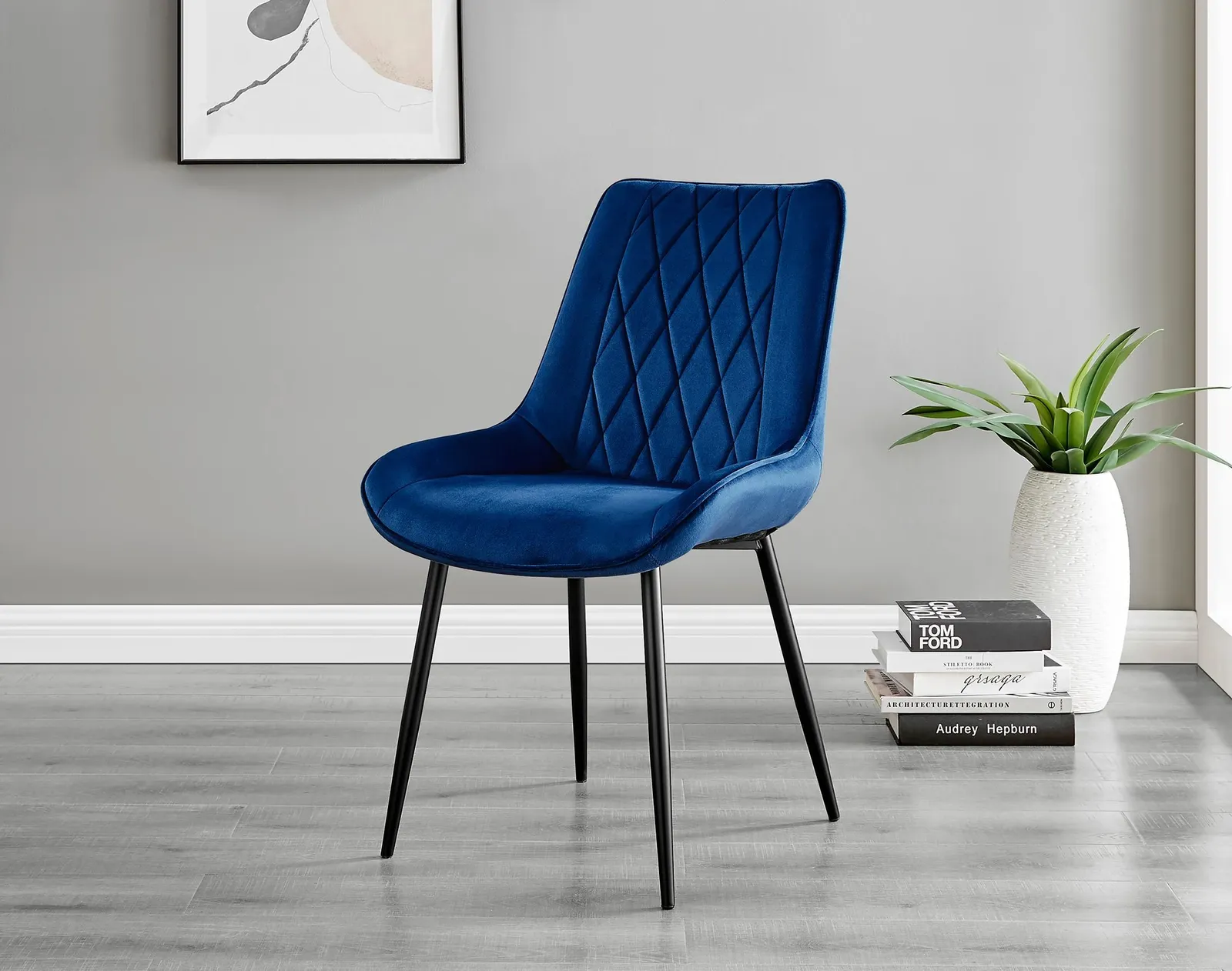 FurnitureboxUK Set of 2 Pesaro Luxury Velvet Dining Chairs With Diamond Stitched Back & Black Metal Legs in Navy 2