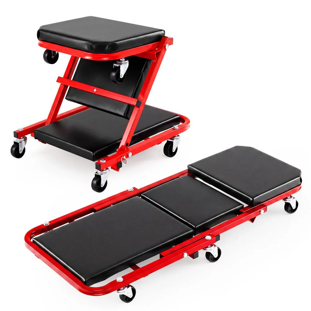 Costway 2-in-1 Rolling Folding Z Creeper Seat 36 Inch Roller Garage Chair in Red 3
