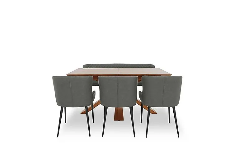 Hanoi Extending Dining Table with Wooden Base and 3 Faux Leather Chairs and a Bench - Slate Grey