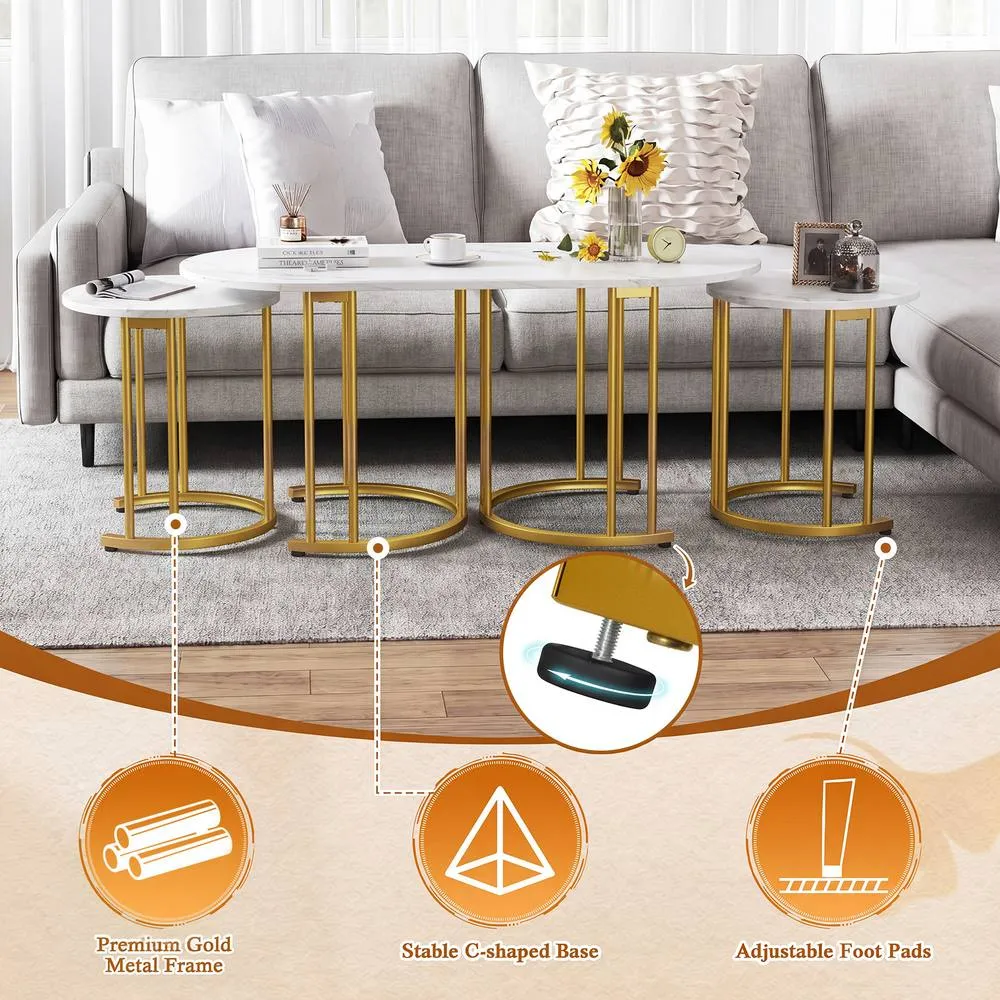 Costway 3PCS Nesting Coffee Table Set 110cm Coffee Table w/ 2 Side Tables in White 6