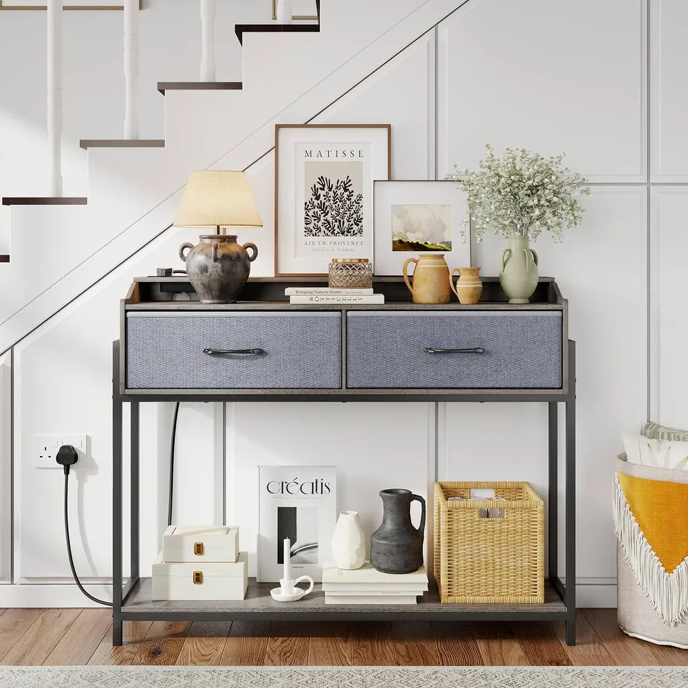 Costway Console Table w/Charging Station & Shelves 110cm Narrow Entryway Table in Grey 6