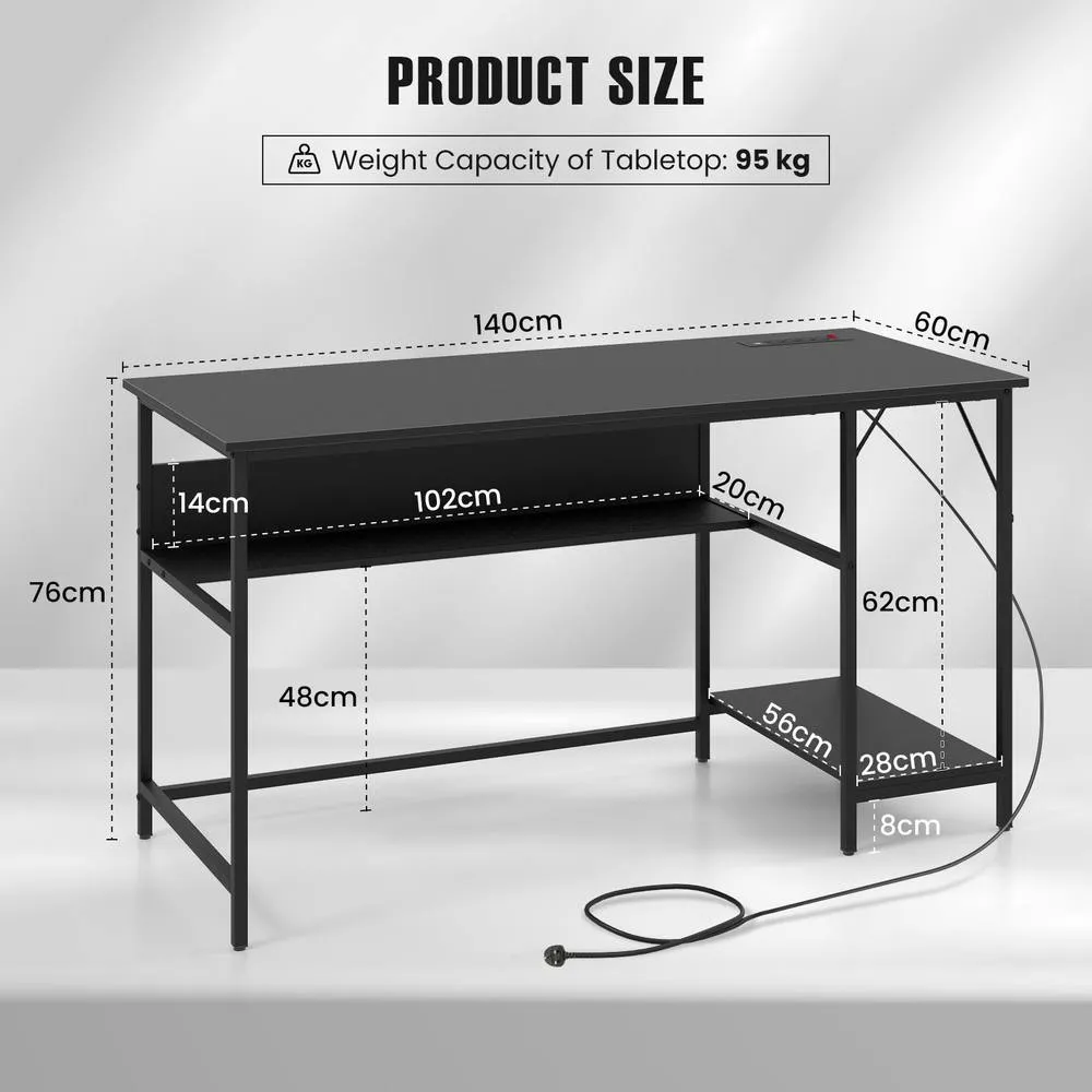 Costway 140 x 60 CM Computer Desk w/ Charging Station & 4 Power Outlets in Black 2