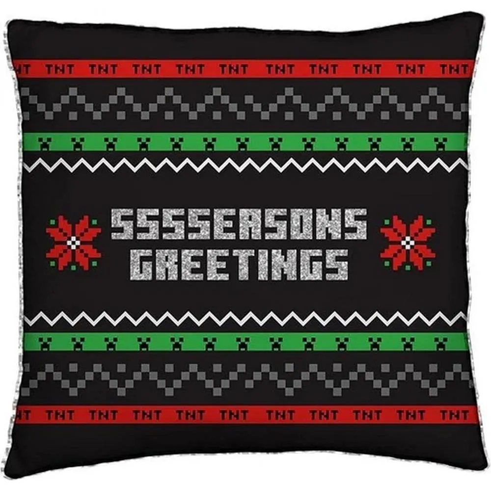 Minecraft Seasons Greetings Square Christmas Filled Cushion in Black