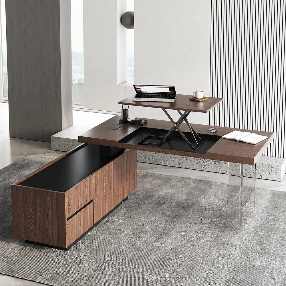 1815mm  Modern Walnut L-Shape Executive Desk with Side Cabinet Height Adjustable Desktop Standing Desk with Clear Arcylic Leg