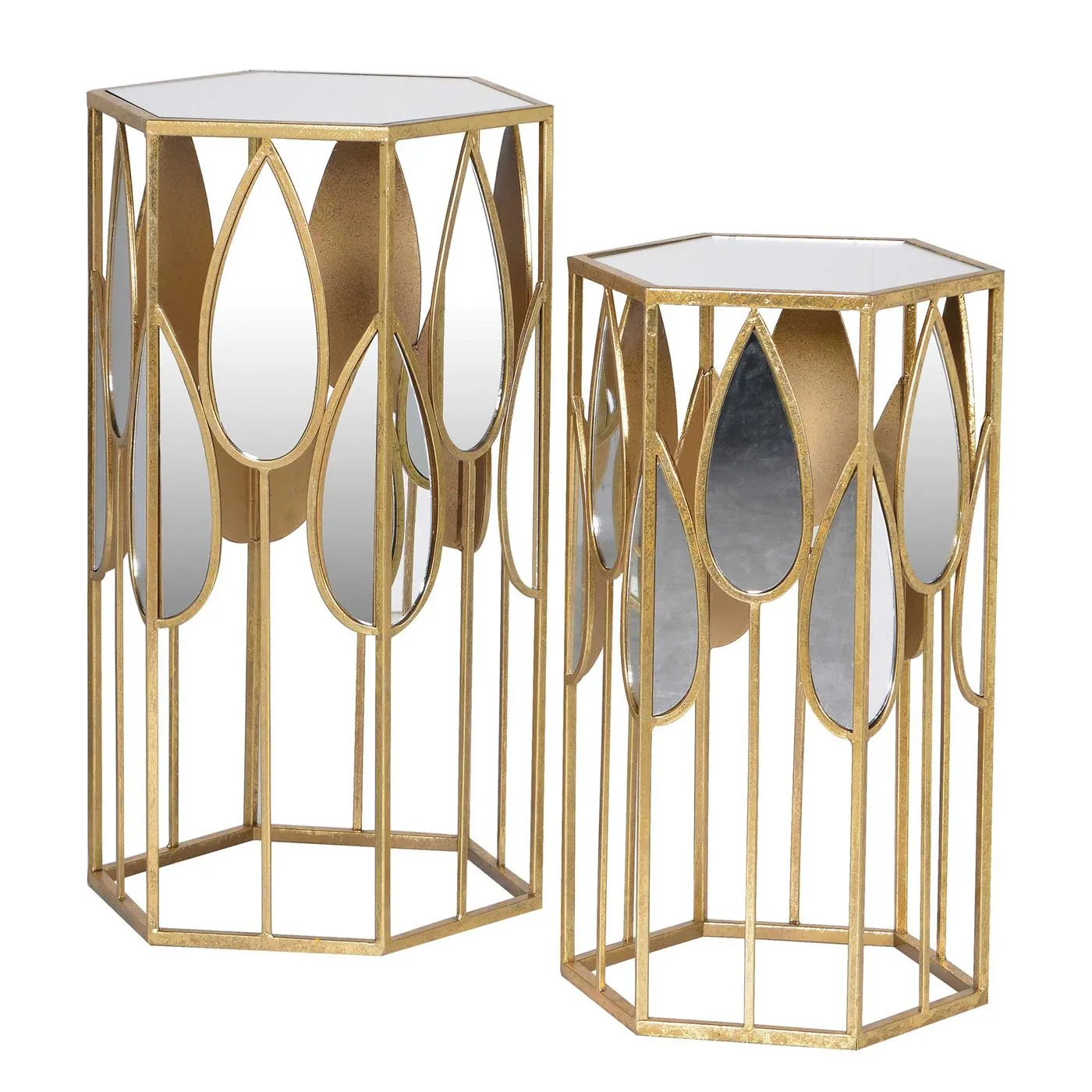 Pair of Hexagonal Mirrored Side Tables, Gold and Mirrored