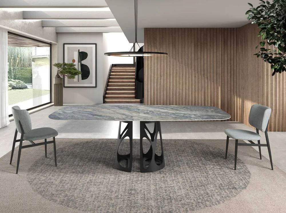 Angel Cerda Oval Blue Porcelain Marble Dining Table with Black 3