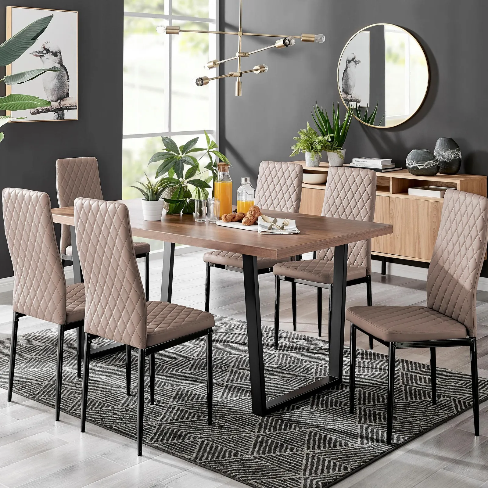 FurnitureboxUK Kylo Large Brown Wood Effect Dining Table & 6 Milan Black Leg Faux Leather Chairs in Beige 1
