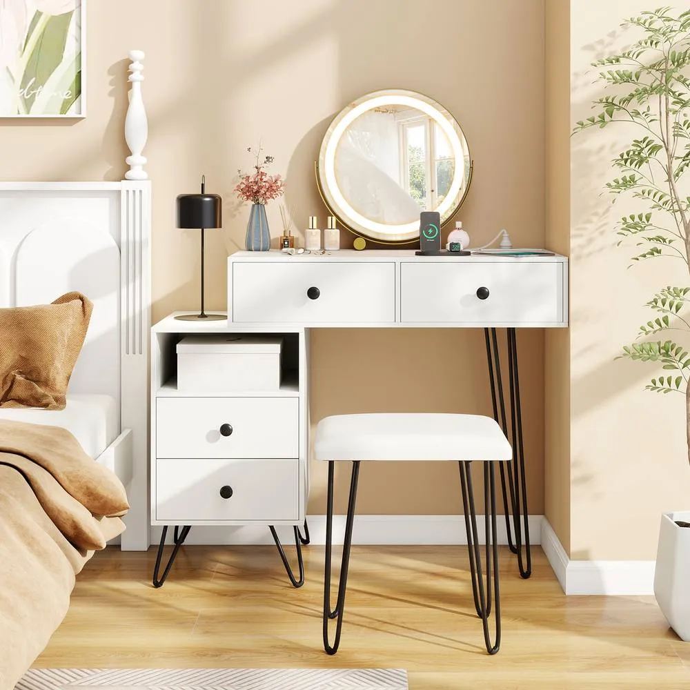 Costway Makeup Vanity Desk Modern Dressing Table Set w/Mirror & Lights-White in White 3