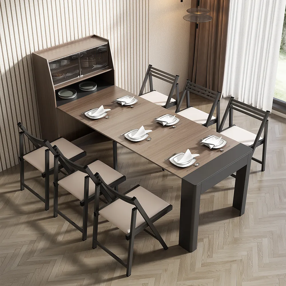 Modern Extendable Dining Table with Storage Rectangle Sideboard Glass Door Walnut & Grey