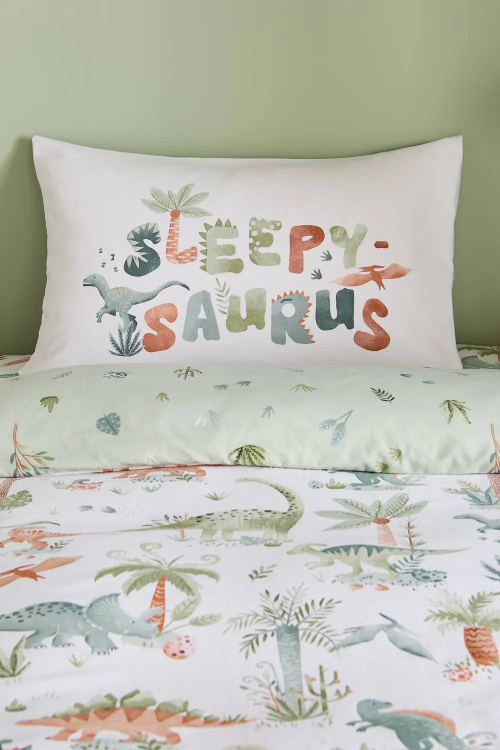 Catherine Lansfield 'Brushed Sleepy Saurus Dino' Cotton Reversible Duvet Cover Set in Cream 3