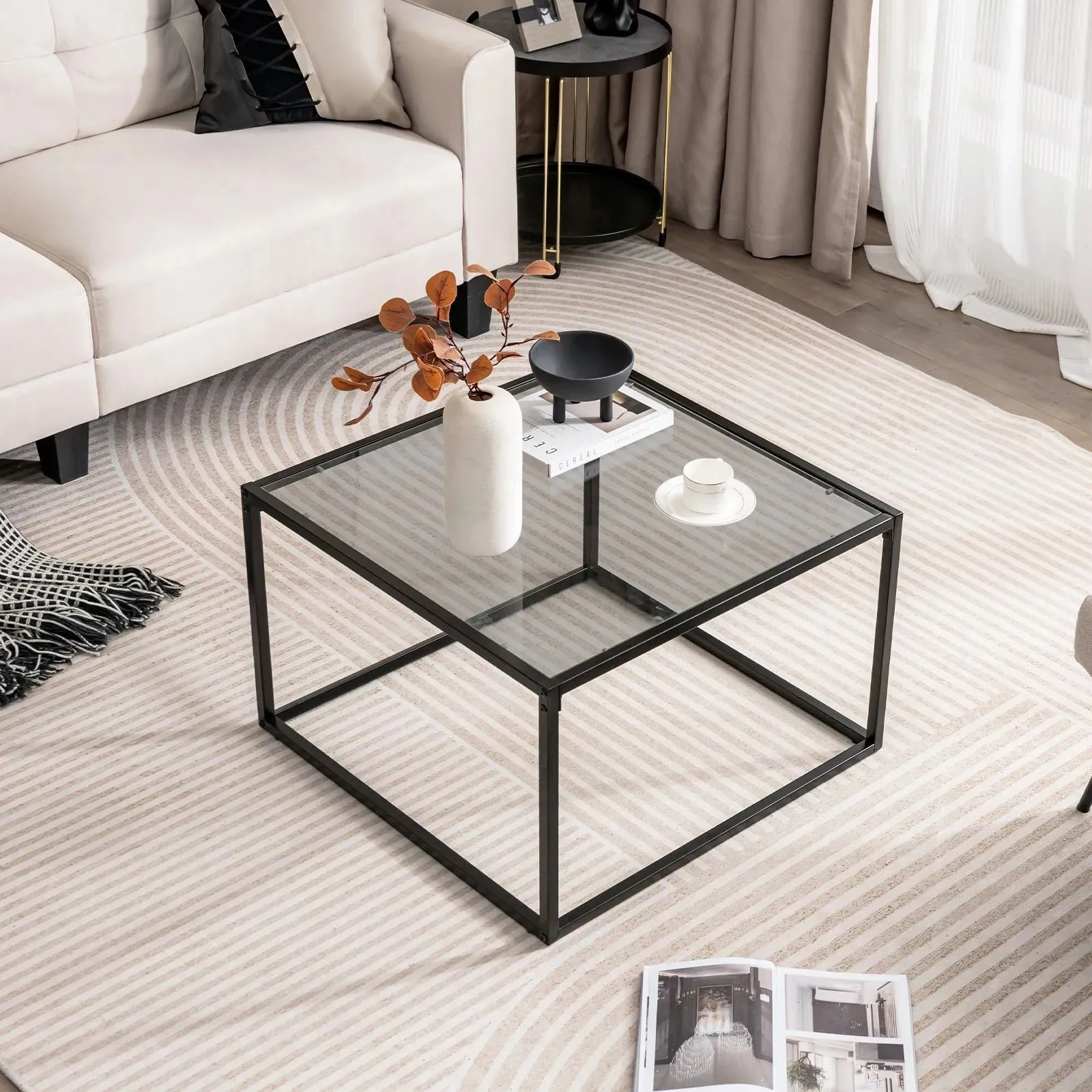 Costway Tempered Glass Top Coffee Table Home Square Tea Table Accent Sofa Side Table in Grey 4