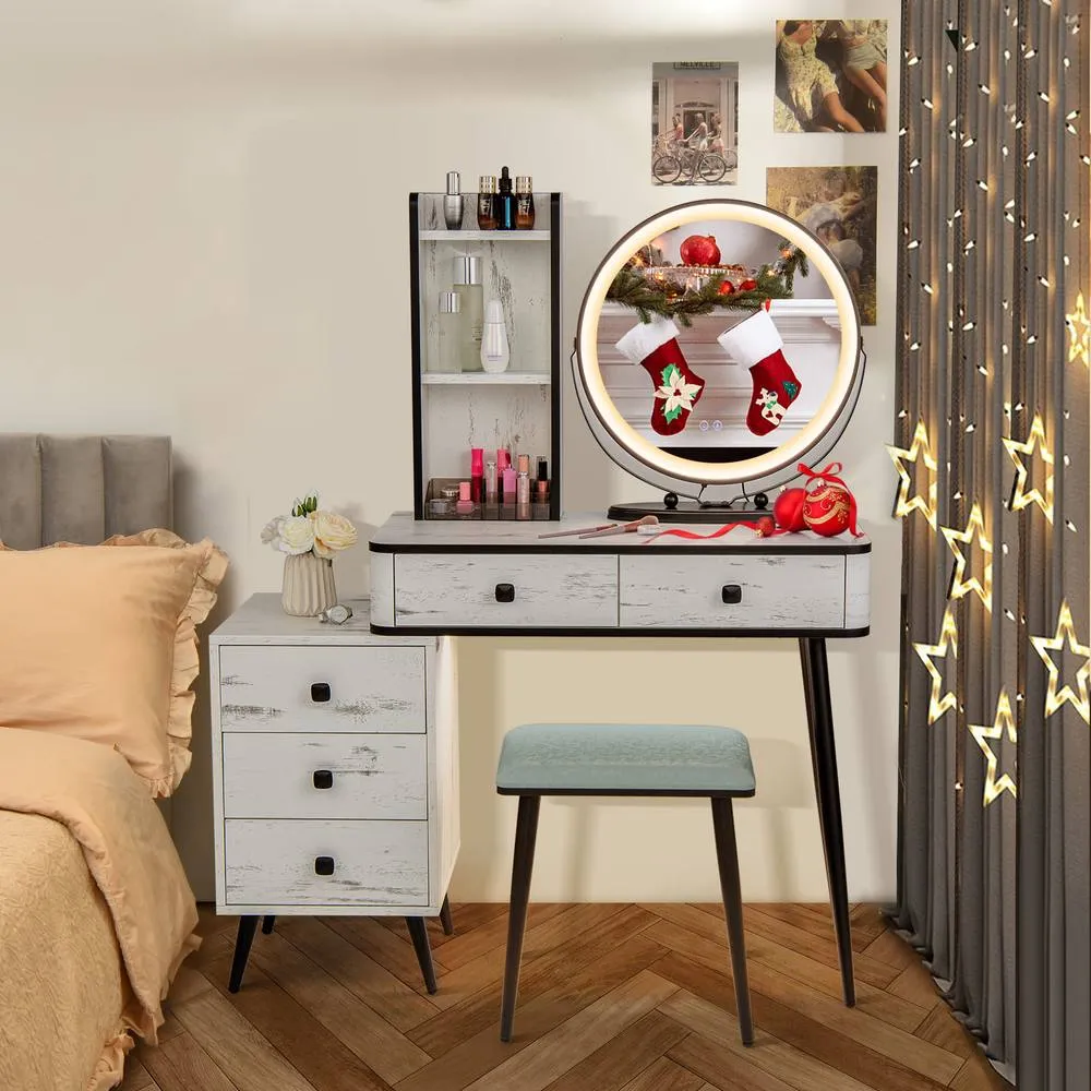 Costway Dressing Table Vanity Set Stool Light 3-Drawer Chest Storage-White in White 4
