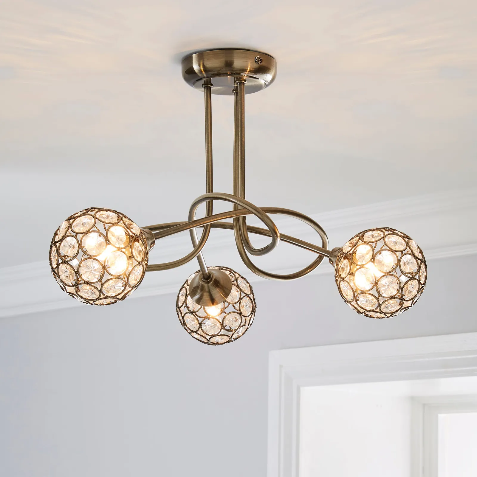 Sphere 3 Light Glass Ceiling Fitting Antique Brass