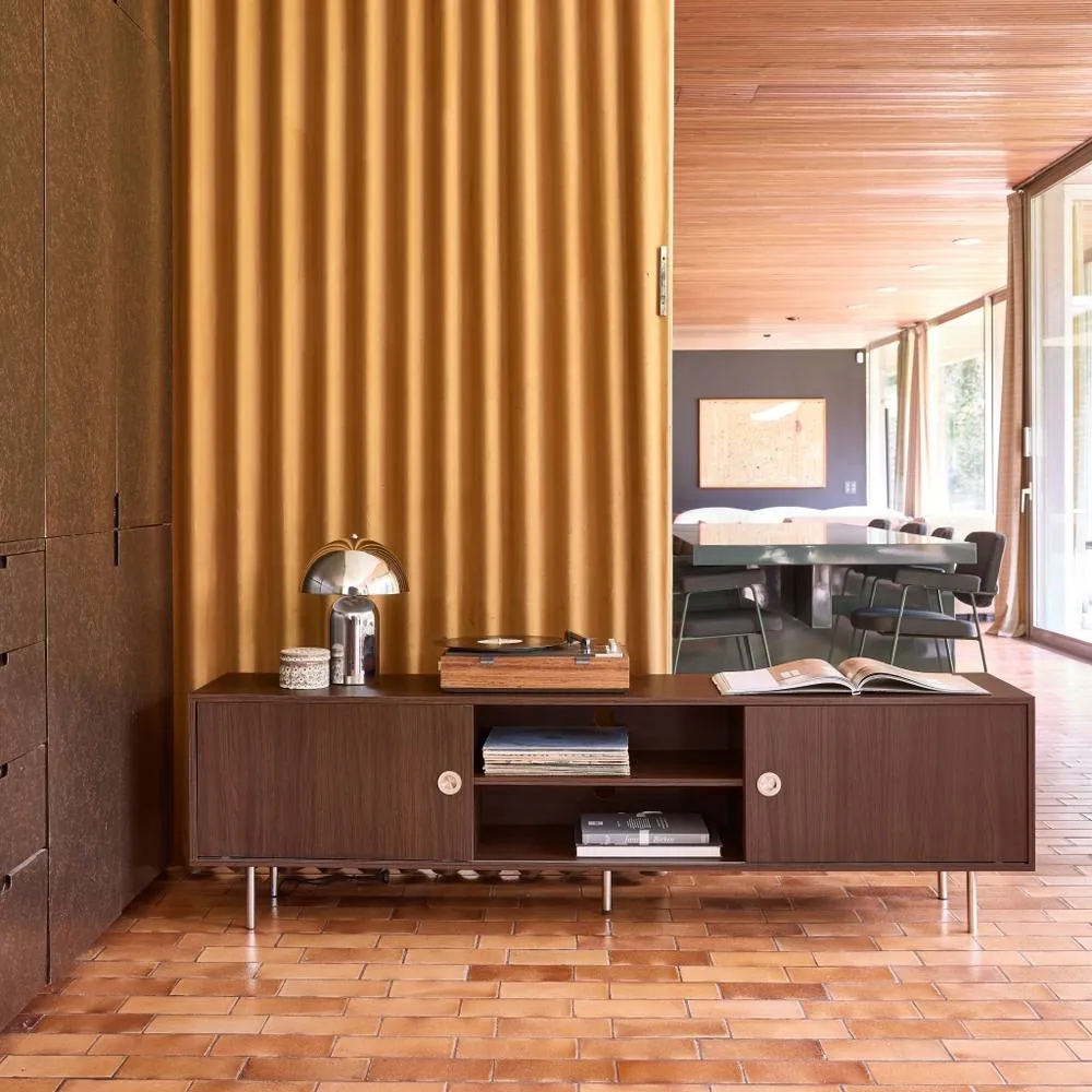 sweeek Vintage TV stand with wood decor & stainless steel, 2 doors 180cm in Dark Brown