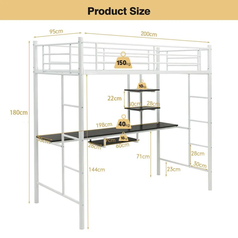 Costway 3.5FT Single Metal Loft Bed Frame High Sleeper Bunk Bed W/ Desk Storage Shelves in White 6