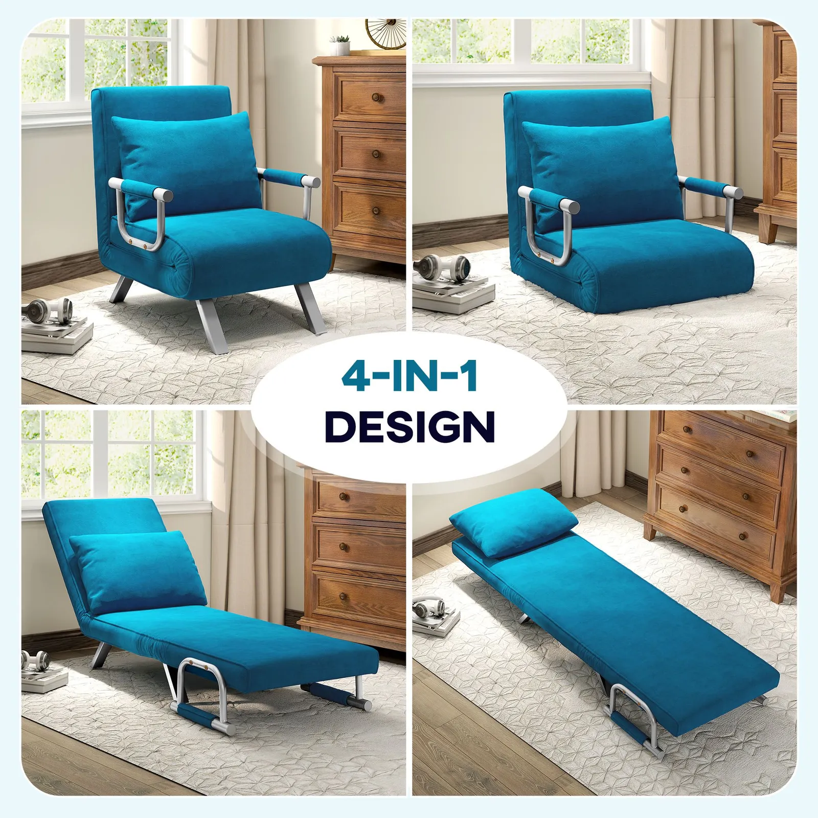 HOMCOM Single Folding 5 Position Convertible Guest Sleeper Chair Bed, Blue 6