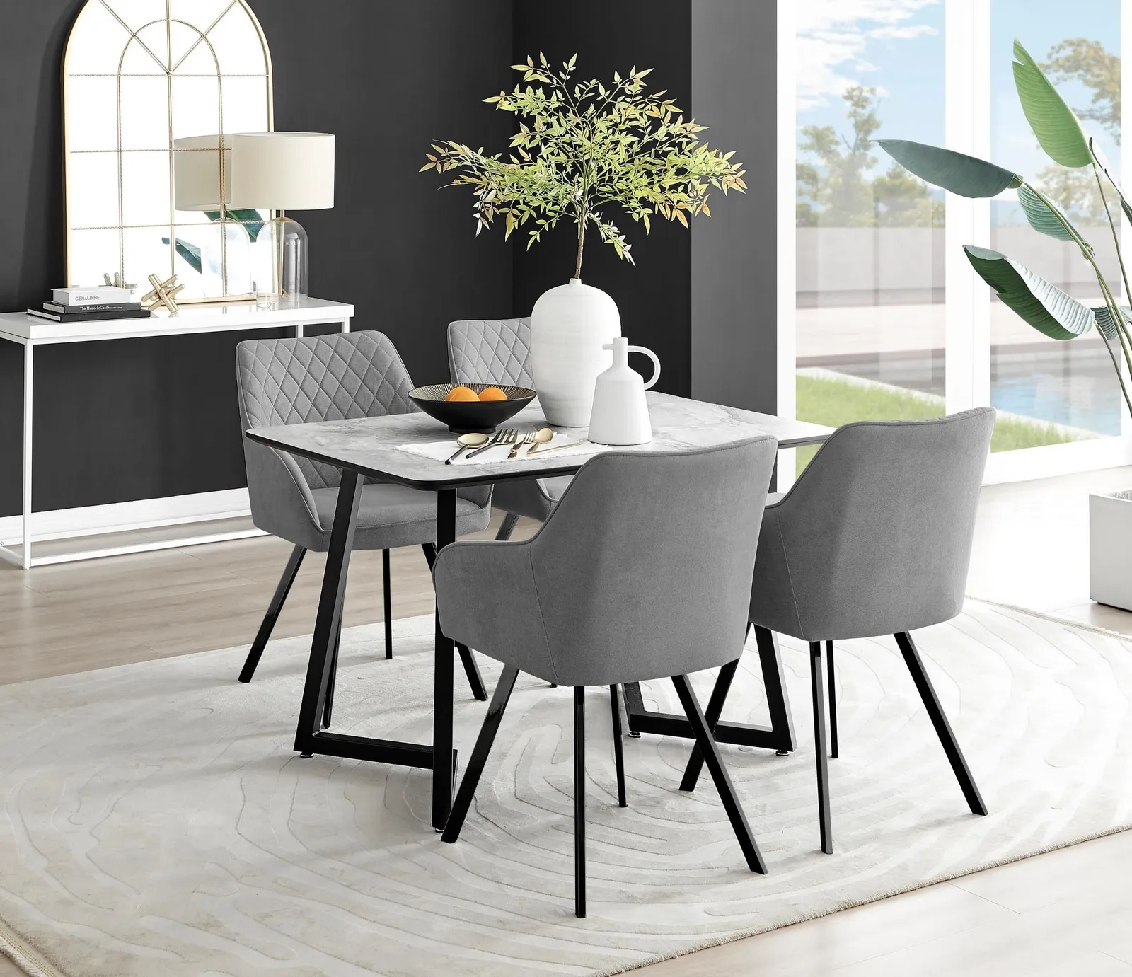 FurnitureboxUK Carson White Marble Effect Dining Table & 4 Falun Black Leg Chairs in Dark Grey