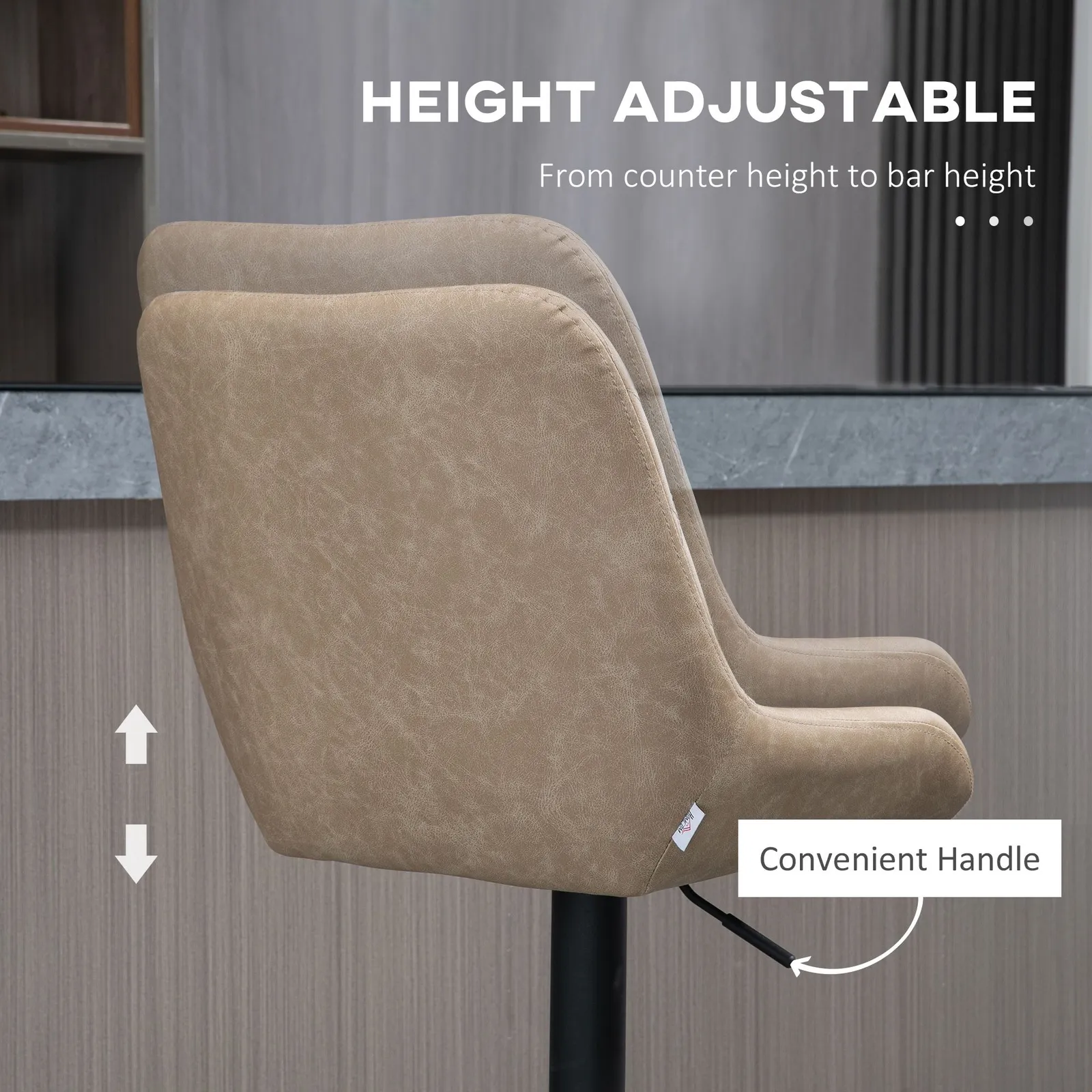 HOMCOM PU Leather Padded Bar Stools Set of 2 with Metal Base in Khaki 6