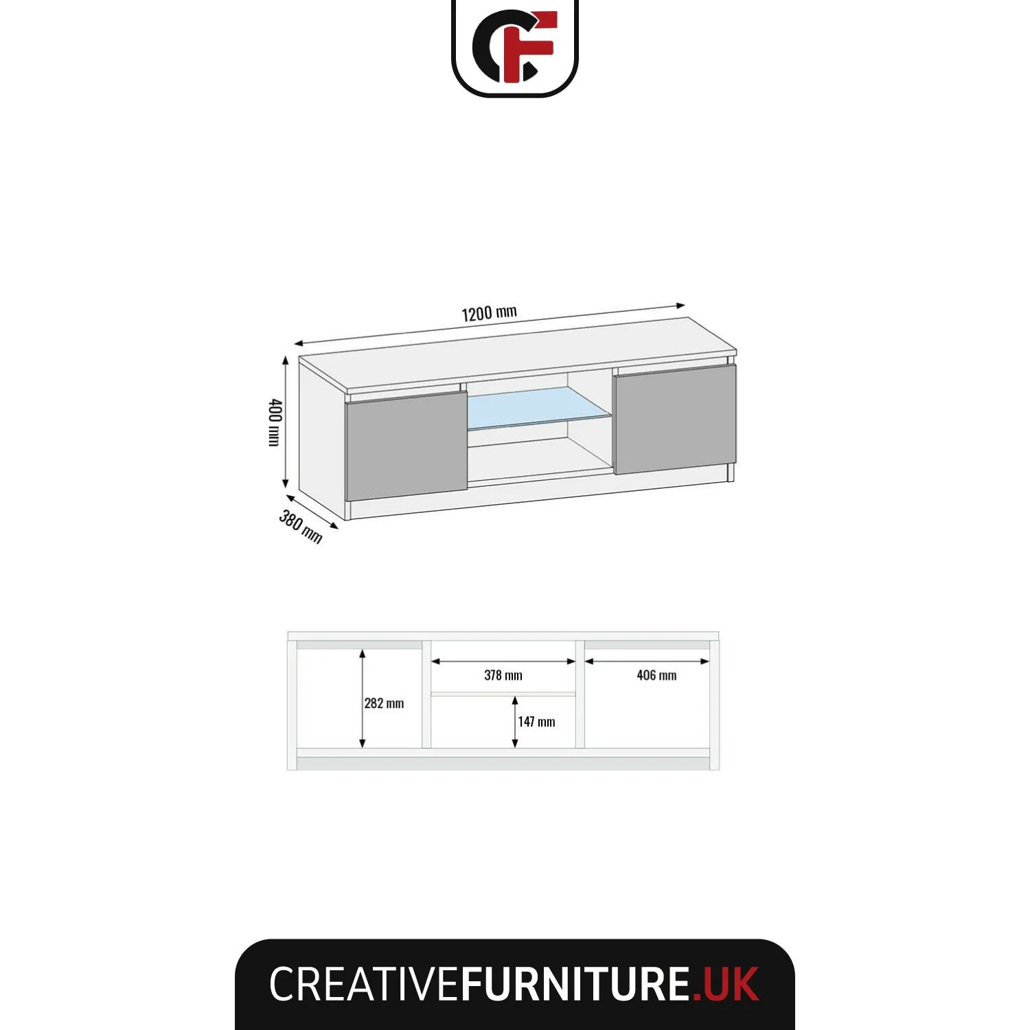 Creative Furniture Aura TV Unit 120cm - A Compact & Contemporary Cabinet with Gloss Doors & LED Lights in Dark Grey 3