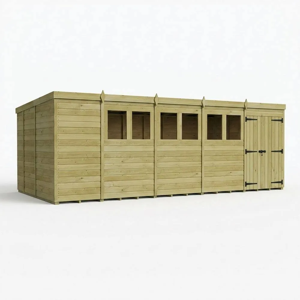 Buttercup Farm 19ft x 9ft Pent Garden Shed Double Door With Windows - Timber in Brown
