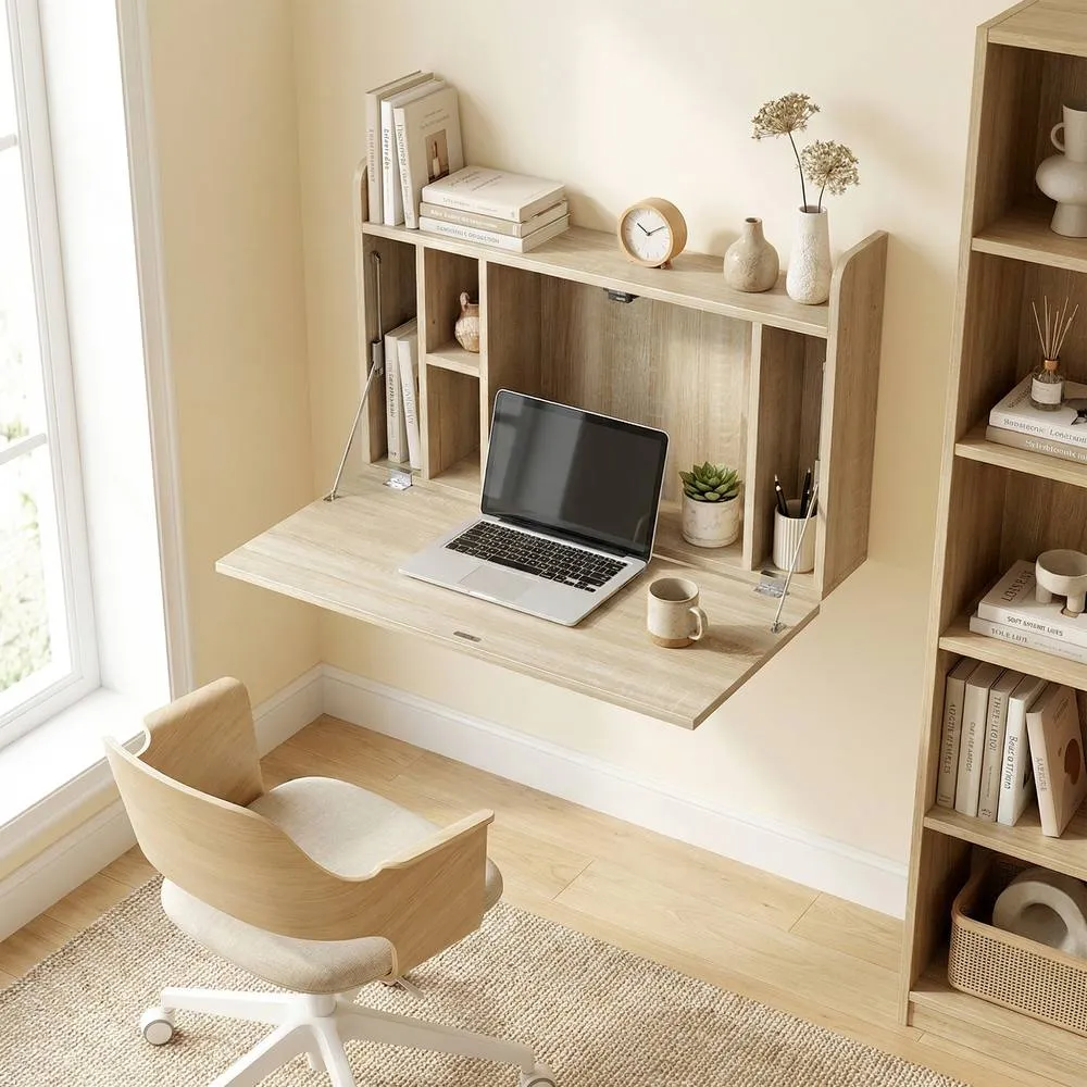HOMCOM Wall Mounted Table w/ Space Saving Storage Compartments in Light Oak