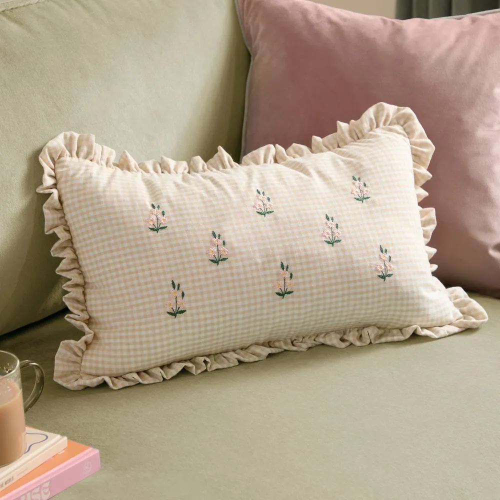 Furn Les Petite Fleurs 100% Cotton Gingham Ruffle Cushion in Natural