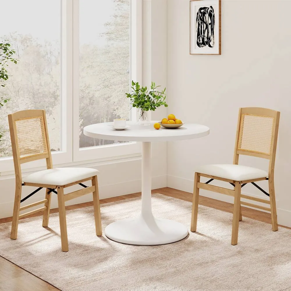 Costway Folding Chairs Set of 2 Rubber Wood Dining Chairs w/Linen Padded Seat in Natural 3