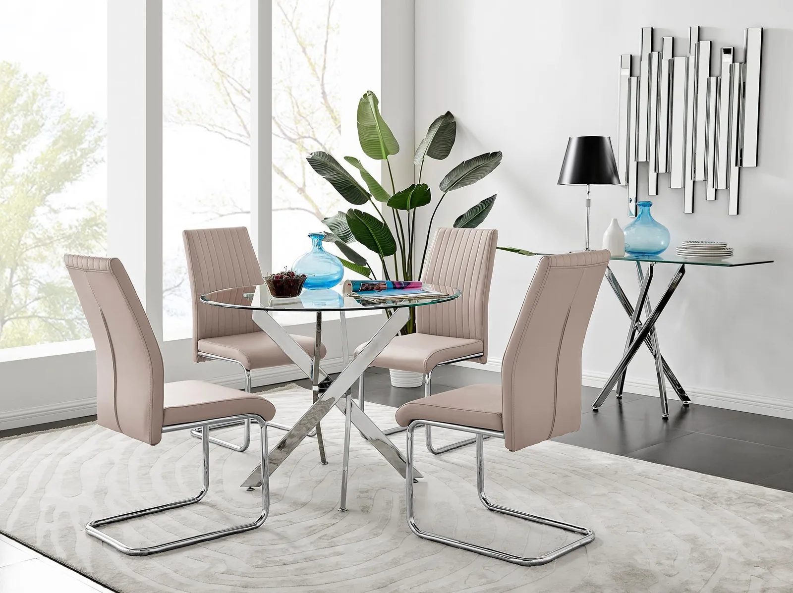 FurnitureboxUK Novara Clear Tempered Glass 100cm Round Dining Table with Chrome Starburst Legs & 4 Lorenzo Faux Leather Chairs in Beige