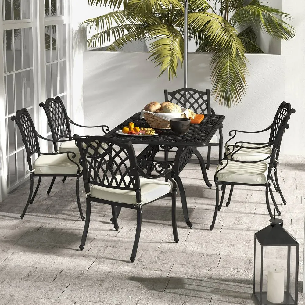 OUTSUNNY 7-PC Cast Aluminum Patio Dining Set w/ Umbrella Hole & Cushion in Black
