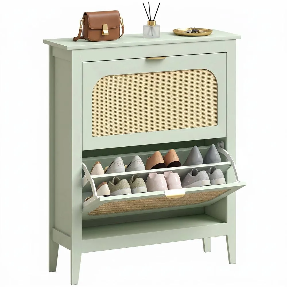 HOMCOM Boho Slim Shoe Cabinet with Rattan Doors, Holds 14 Pairs, Green in Light Green 2